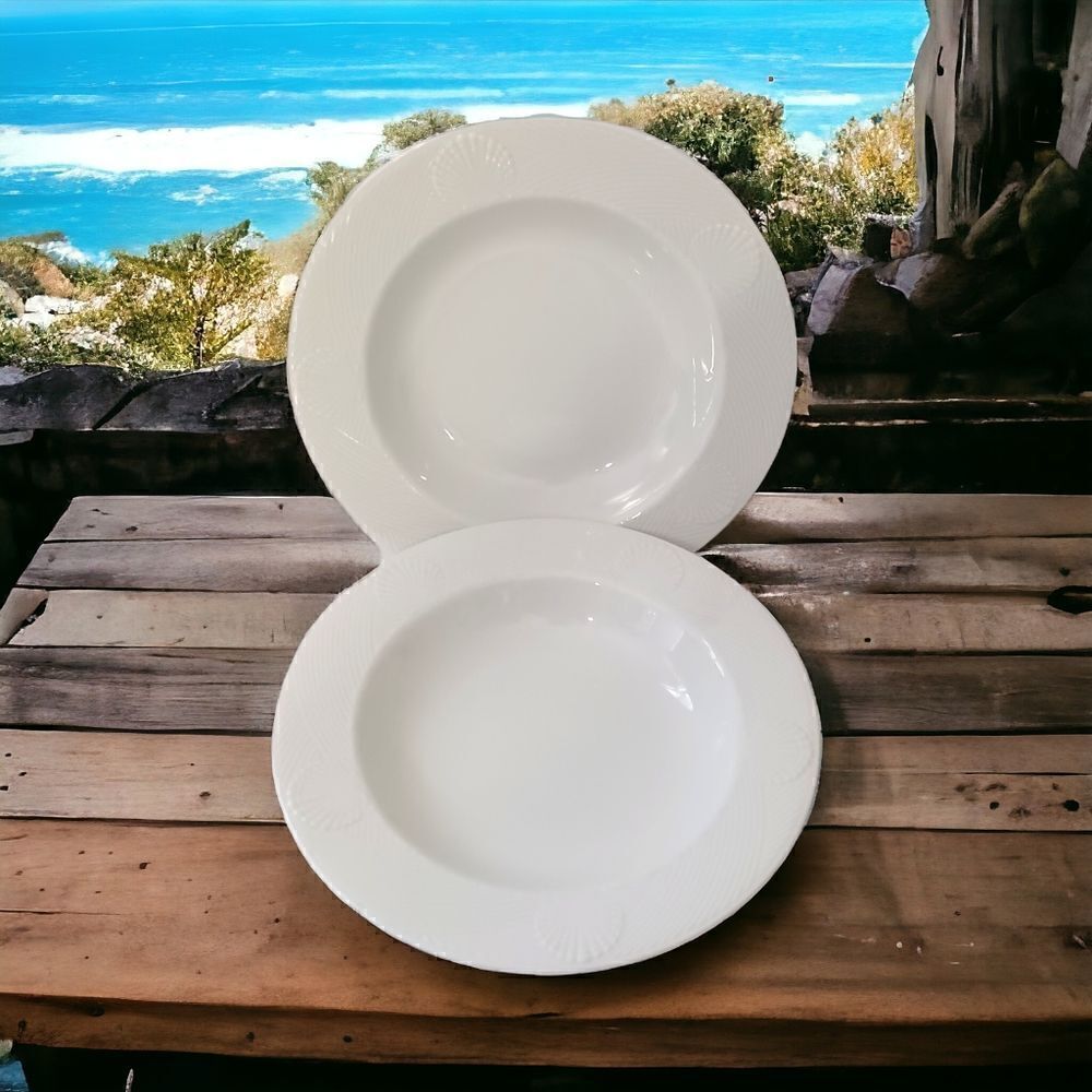 Mikasa Sea Quest Soup Bowl Set Lot x 2 Embossed All White Beach House Porcelain